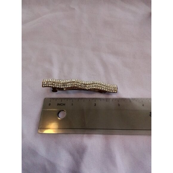 Vintage Elegant Rhinestone Hair Clip Barrette Wavy Design Gold Tone - Picture 2 of 4